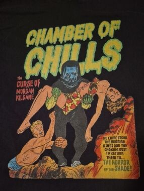 Vintage Comic Style Black Graphic 'Chamber of Chills' Horror Tee XXL T Shirt